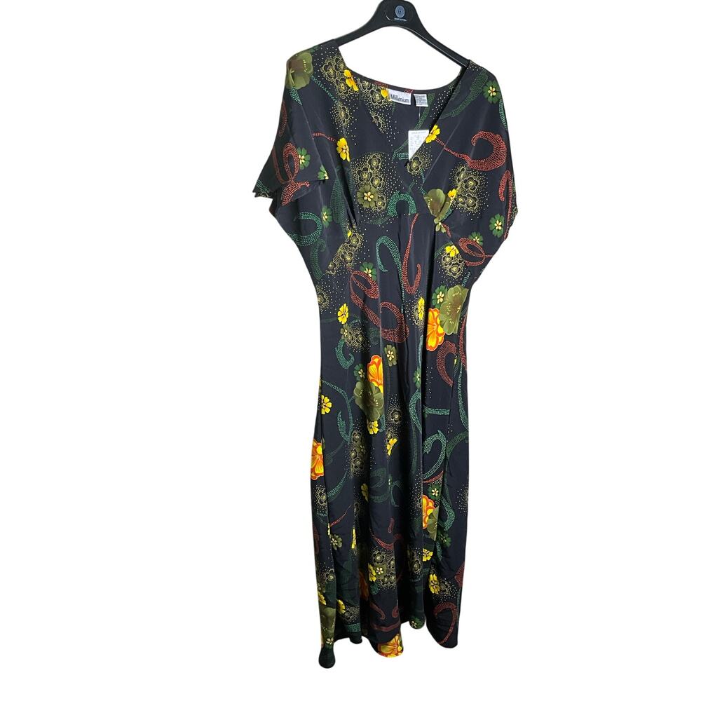 Ashley Stewart Millennium Floral Paisley Midi Dress V-Neck Black Size 16 NWT